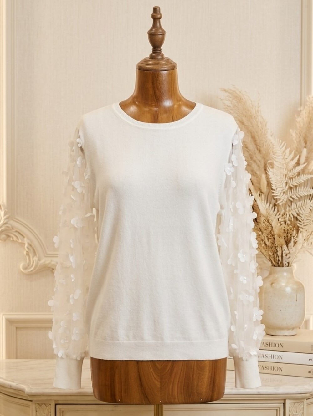 Sioni Off White Fuzzy Sweater Sheer Bubble Sleeves 3D Floral Top 3X
